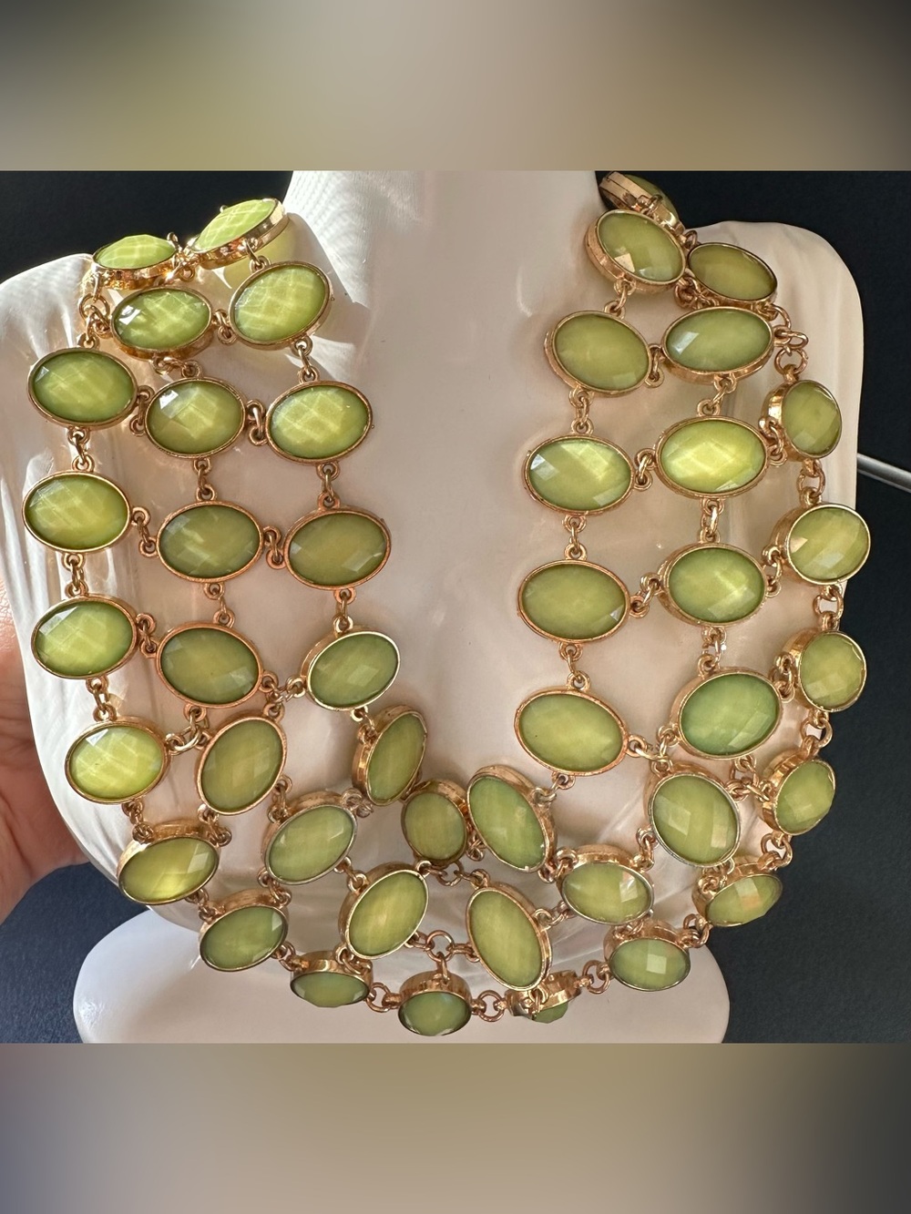 Layered Olive Green Statement Necklace - Gold Tone